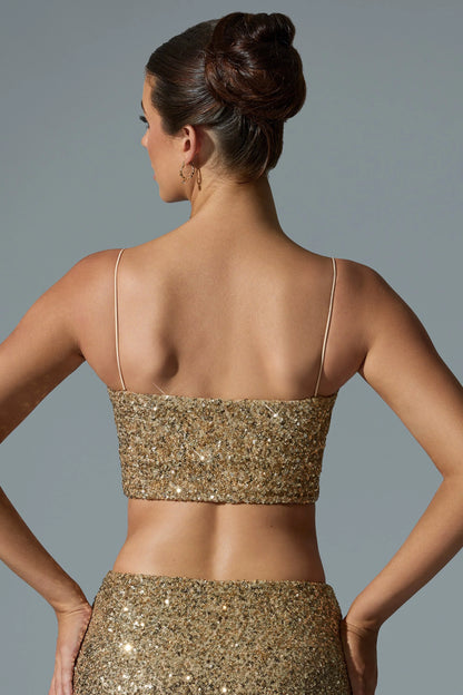 Embellished Cut-Out Crop Top in Gold