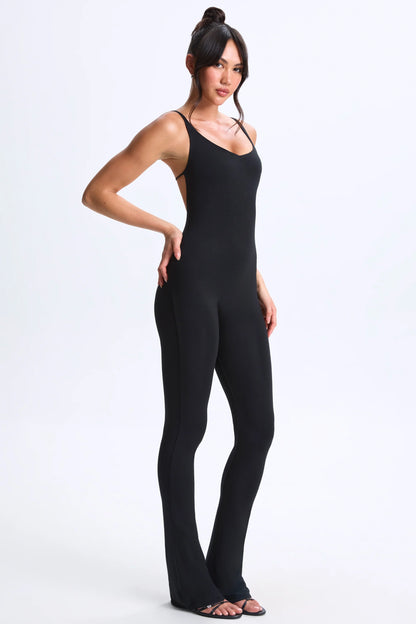 Petite Plunge Open-Back Flared Jumpsuit in Black