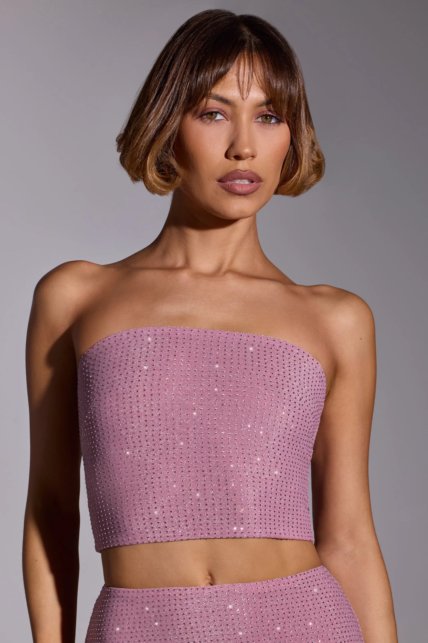 Embellished Strapless Crop Top in Light Pink