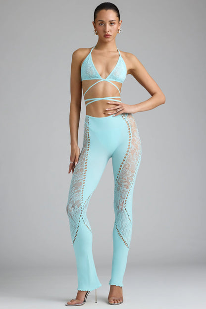 Tall Embellished Mid-Rise Flared Trousers in Ice Blue