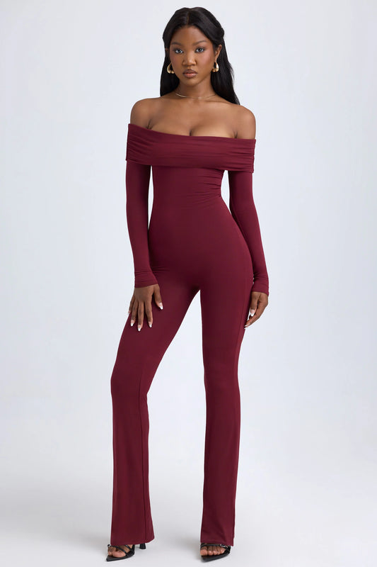 Modal Off-Shoulder Ruched Jumpsuit in Wine Red