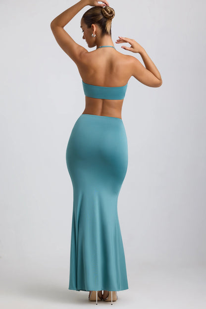 Slinky Jersey Hardware Detail Maxi Skirt in Sea Green