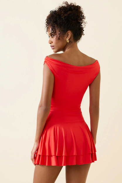 Off-Shoulder Ruffled Mini Dress in Scarlet