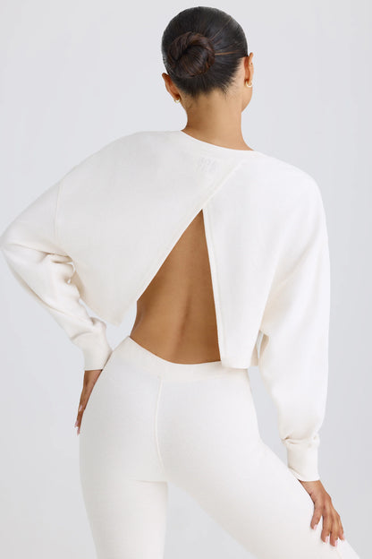 Crew-Neck Open-Back Cropped Sweatshirt in White