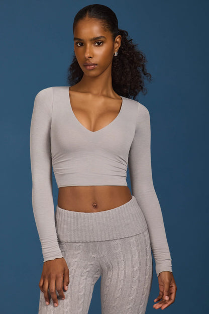 Ruched Long-Sleeve Crop Top in Grey