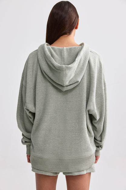 Terry Towelling V-Neck Hoodie in Sage Grey