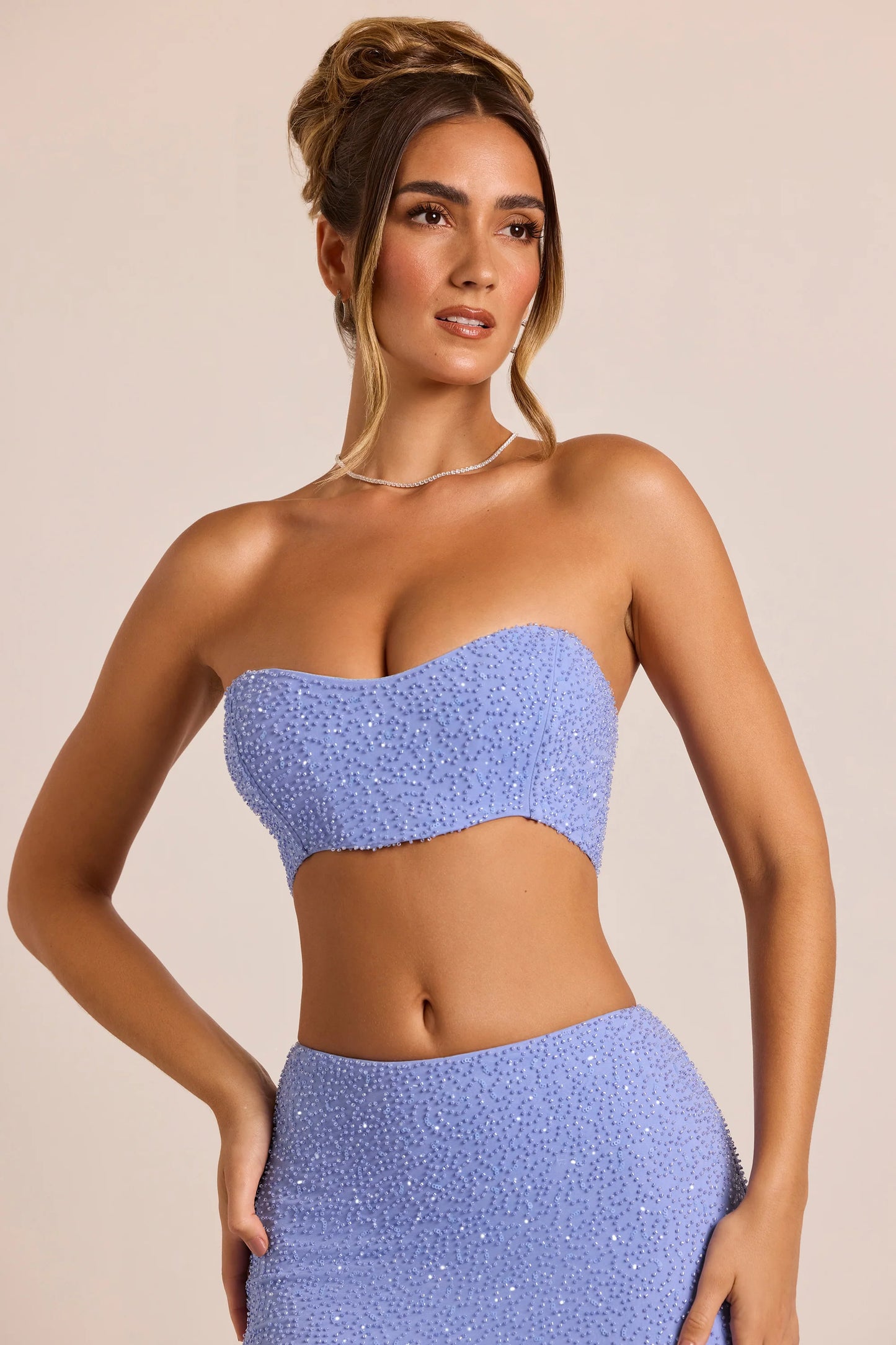 Embellished Strapless Corset Top in Powder Blue