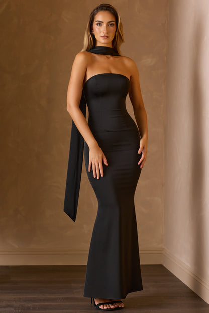 Scarf-Detail Strapless Gown in Black