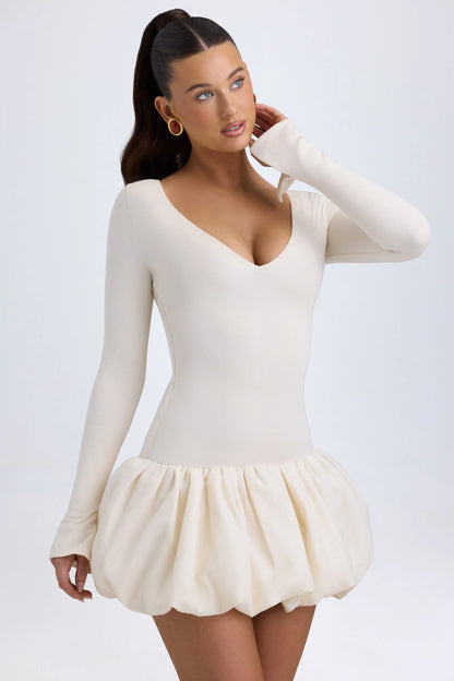 Modal Drop-Waist Bubble Hem Mini Dress in Ivory