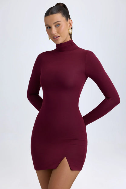 Modal Turtleneck Mini Dress in Wine Red