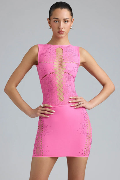 Embellished Lace-Up High-Neck Top in Bubblegum Pink