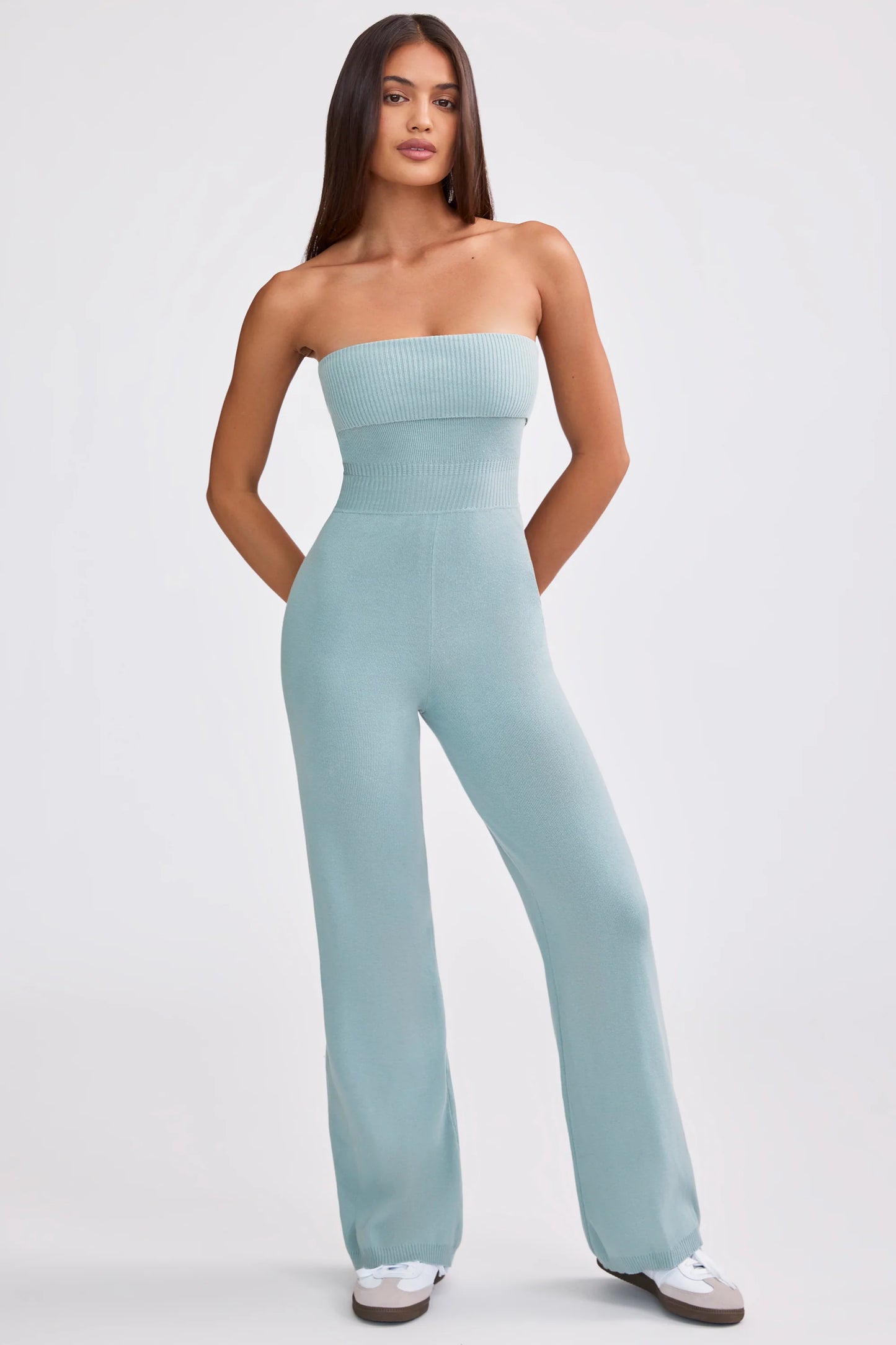 Bandeau Kick Flare Chunky Knit Jumpsuit in Dusty Teal