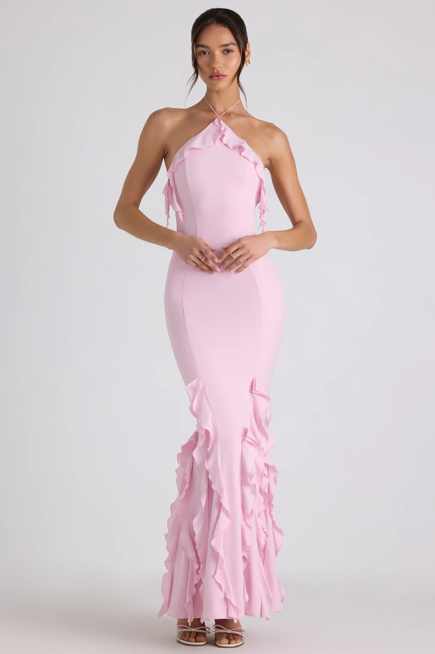 Ruffle-Trim Halterneck Gown in Soft Pink