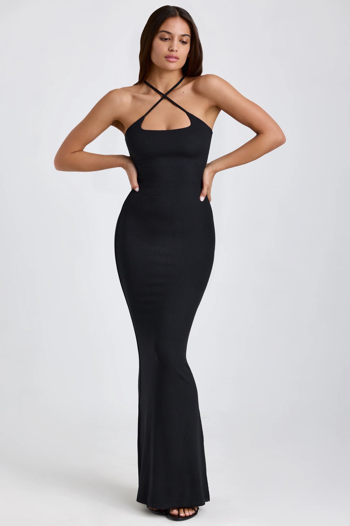 Ribbed Modal Halterneck Maxi Dress in Black