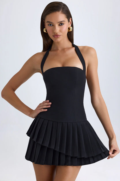 Asymmetric Layered Halterneck Mini Dress in Black