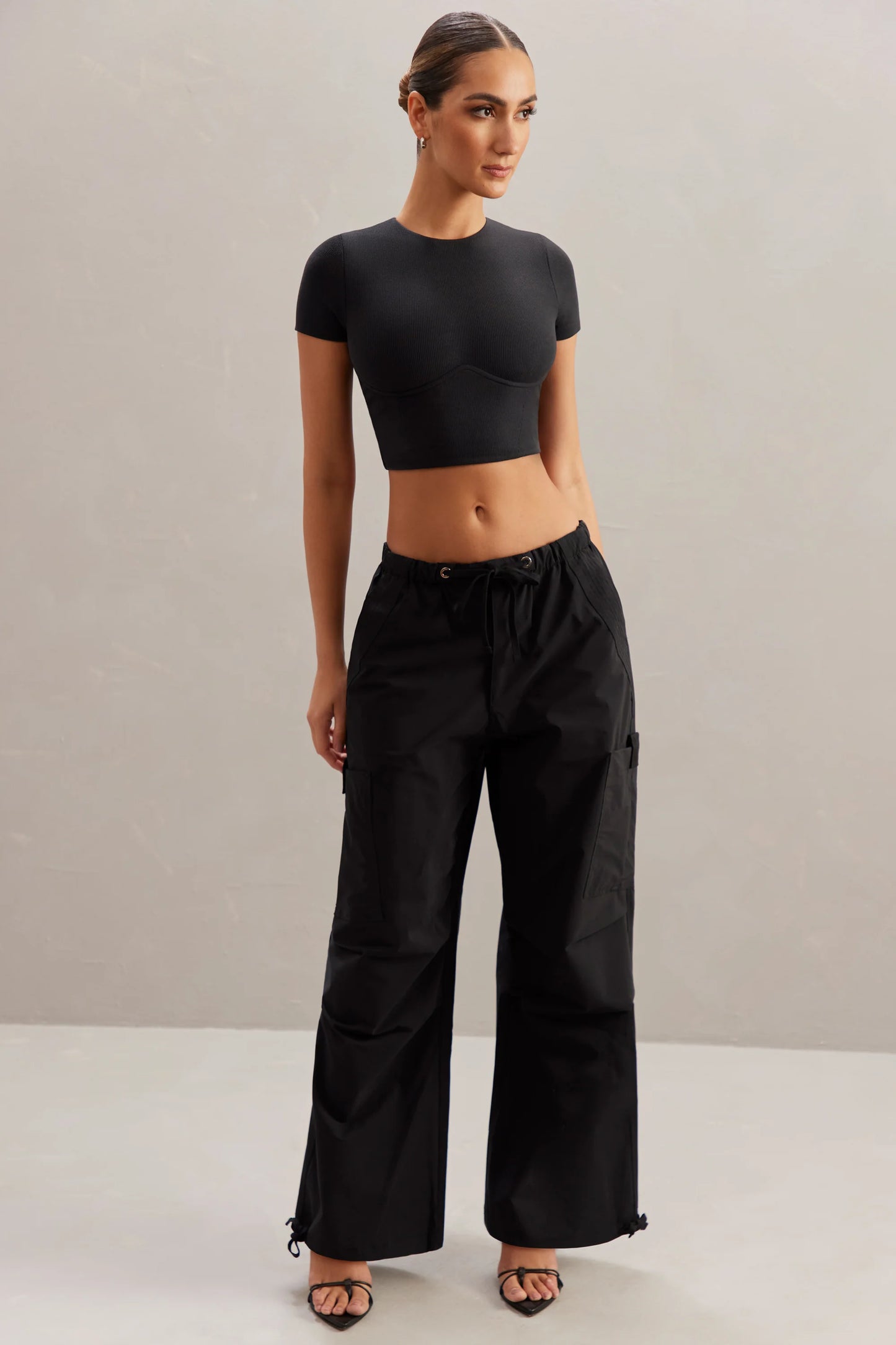 Wide Leg Cargo Trousers in Black