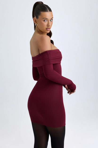 Modal Off-Shoulder Mini Dress in Wine Red