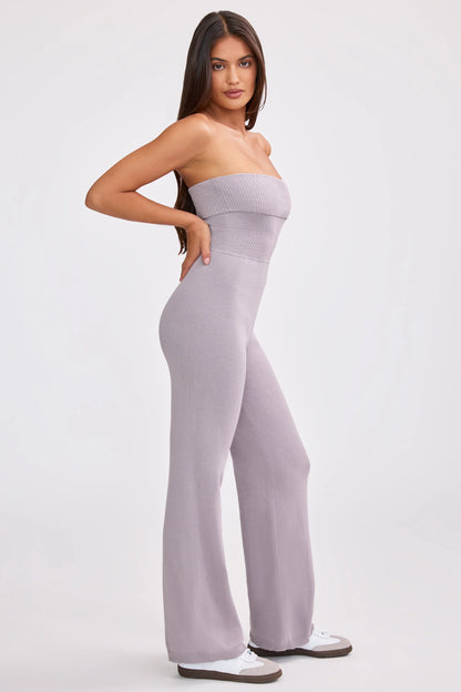 Bandeau Kick Flare Chunky Knit Jumpsuit in Dusty Lavender