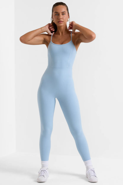 Petite Open Back Full Length Unitard in Ice Blue