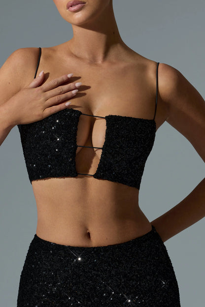 Embellished Cut-Out Crop Top in Black