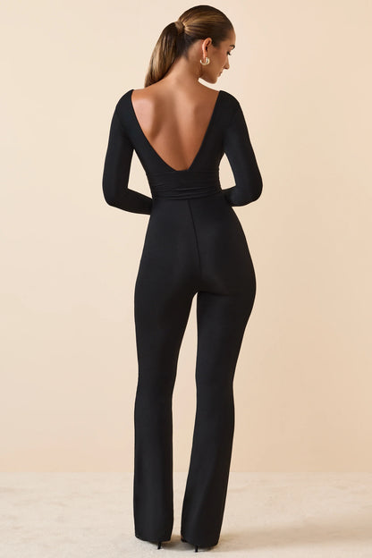 Modal Ruched Plunge Flared Jumpsuit in Black