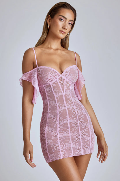 Sheer Lace A-Line Mini Dress in Baby Pink