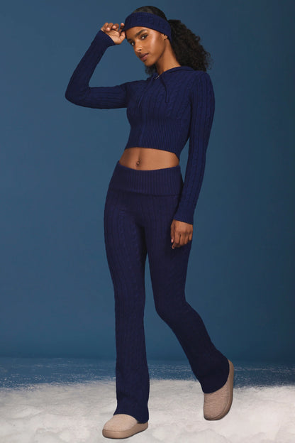 Cable-Knit Flared Trousers in Navy