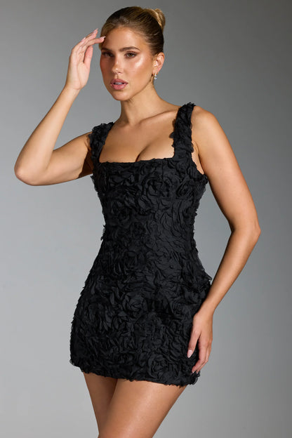 Floral-Appliqué Corset Mini Dress in Black