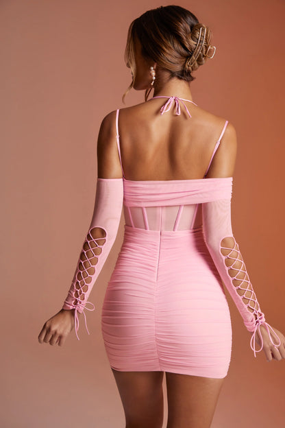 Lace Up Long Sleeve Corset Mini Dress in Pink