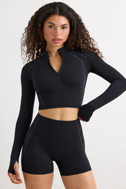 Soft Active Half Zip Crop Top in Black