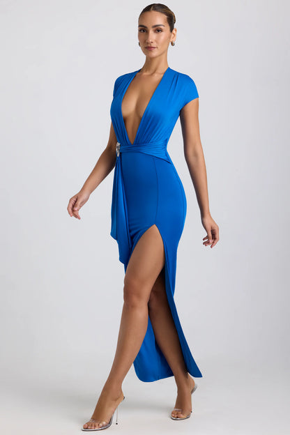 Slinky Jersey Plunge Hardware Detail Maxi Dress in Cobalt Blue