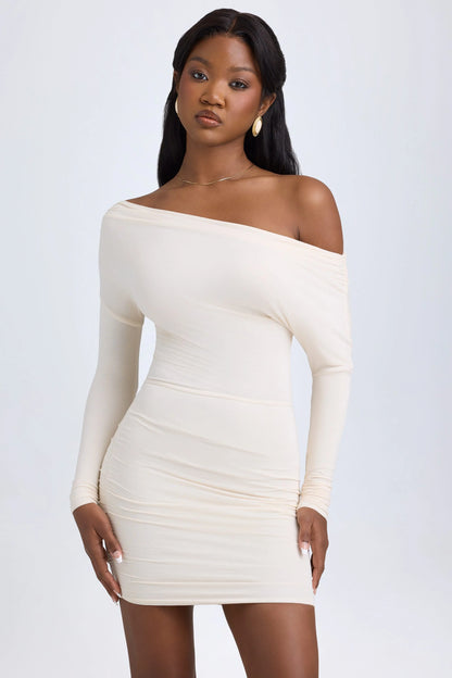 Modal Off-Shoulder Ruched Mini Dress in Ivory