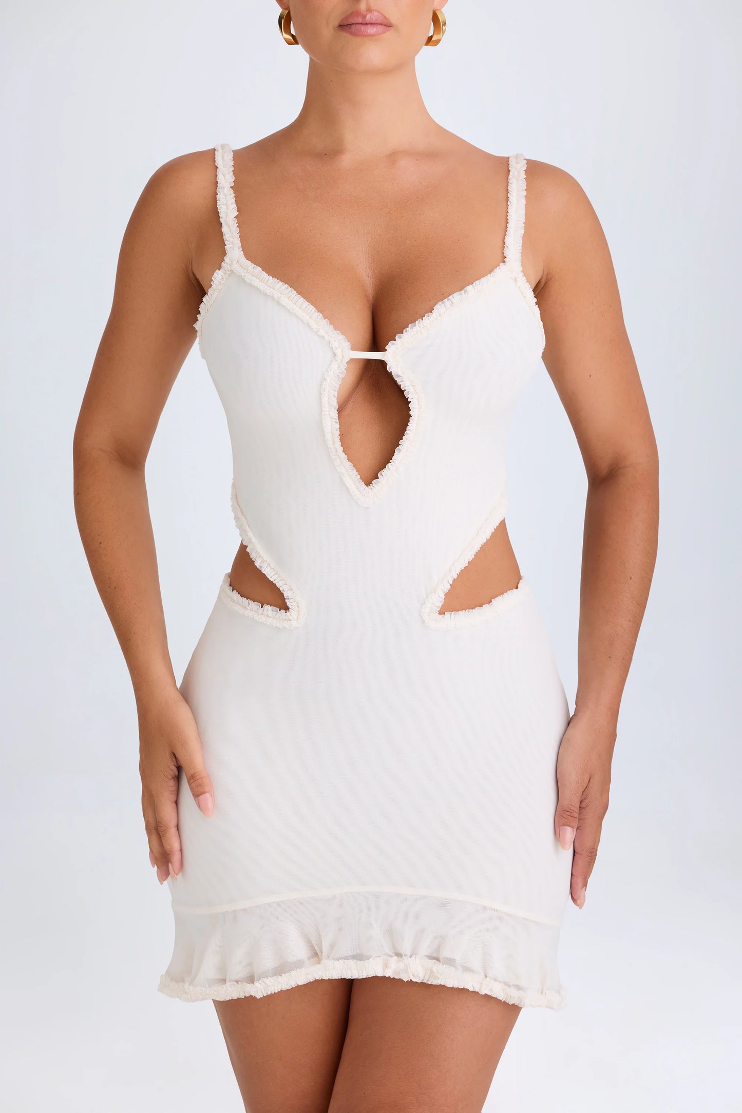 Ruffle-Appliqué Cut-Out Mini Dress in White