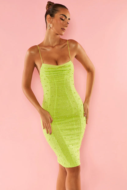 Strappy Embellished Midi Dress in Lime