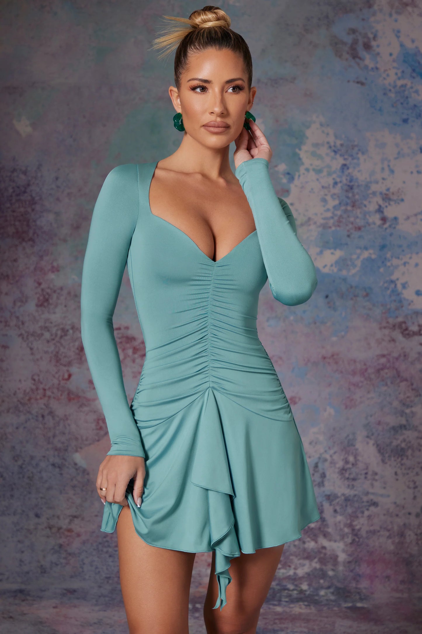 Long Sleeve Waterfall Skirt Mini Dress in Light Teal