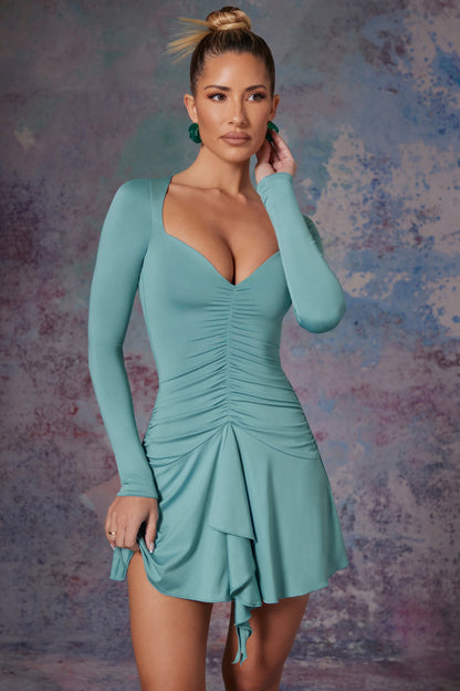 Long Sleeve Waterfall Skirt Mini Dress in Light Teal