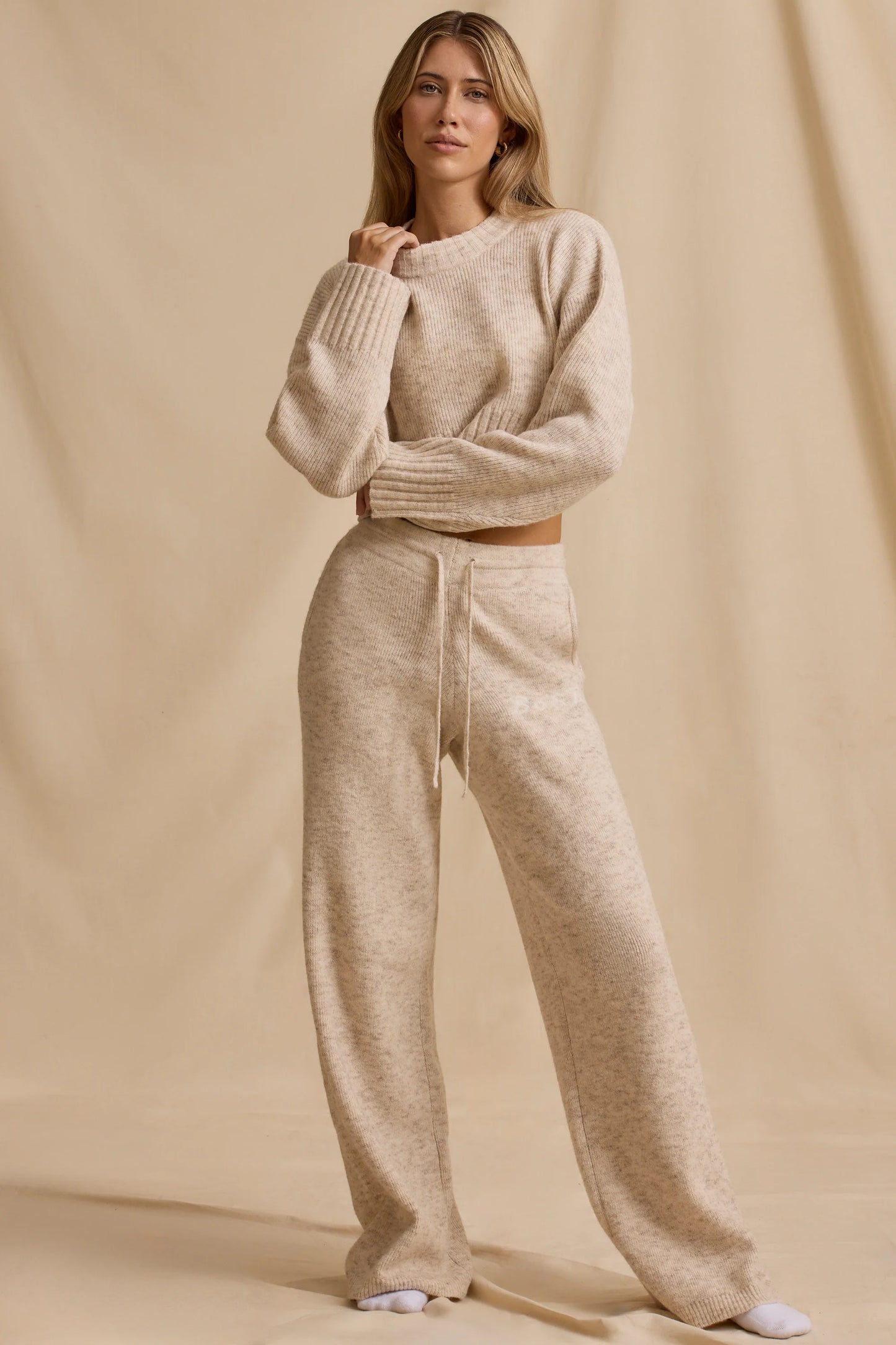 Tall Mid-Rise Wide-Leg Joggers in Cream Marl