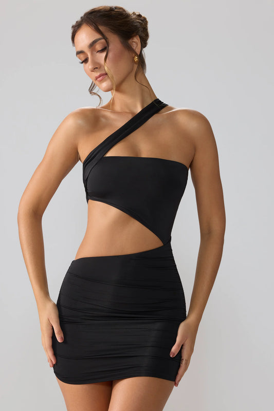 Slinky Jersey Ruched Cut Out Mini Dress in Black