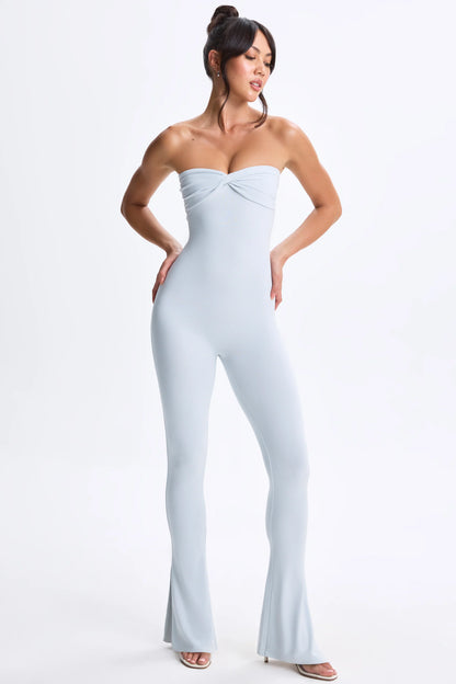 Twist-Front Split Hem Flared Jumpsuit in Dusty Blue