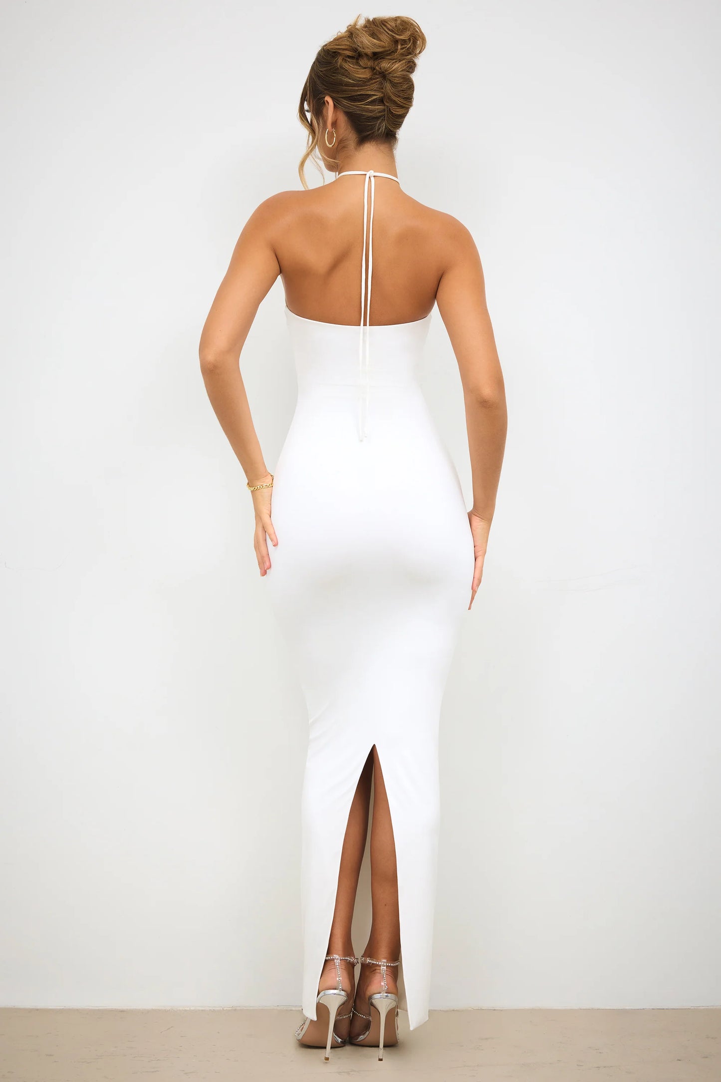 Slinky Jersey Rose Detail Halter Neck Maxi Dress in White