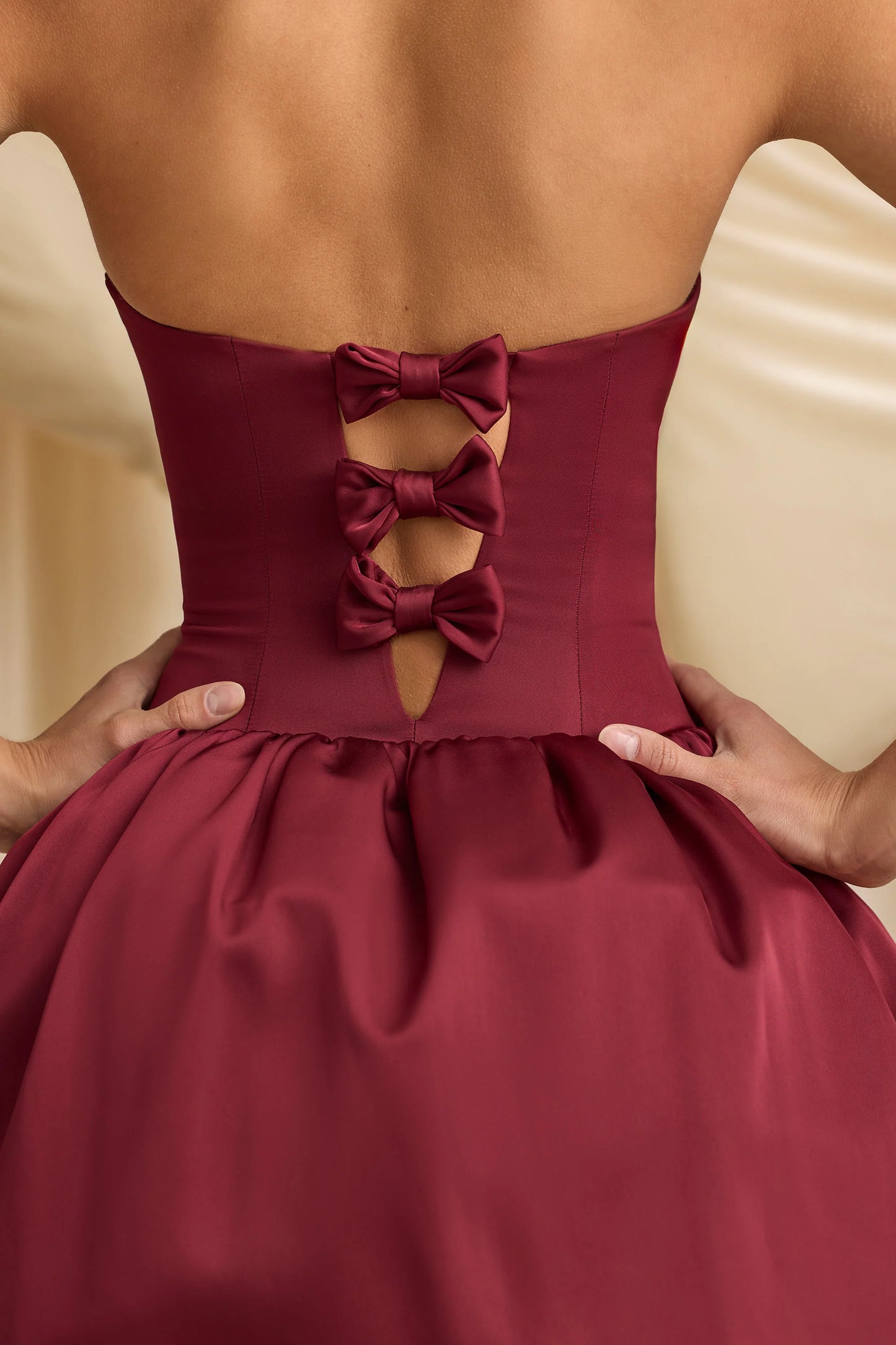 Convertible Bow-Detail Bubble Hem Midaxi Dress in Wine Red