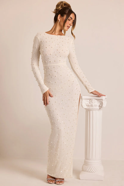 Embellished Long Sleeve Backless Maxi Dress in White