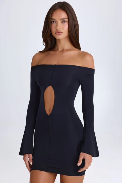 Off-Shoulder Cut-Out Mini Dress in Black