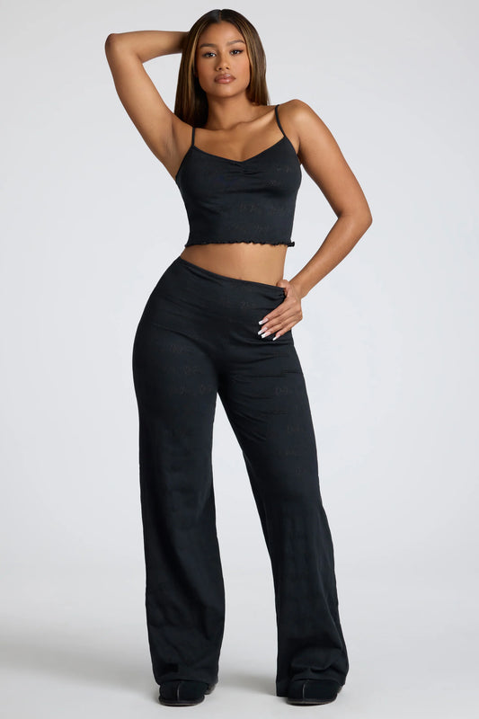 Mid Rise Straight Leg Pointelle Trousers in Black