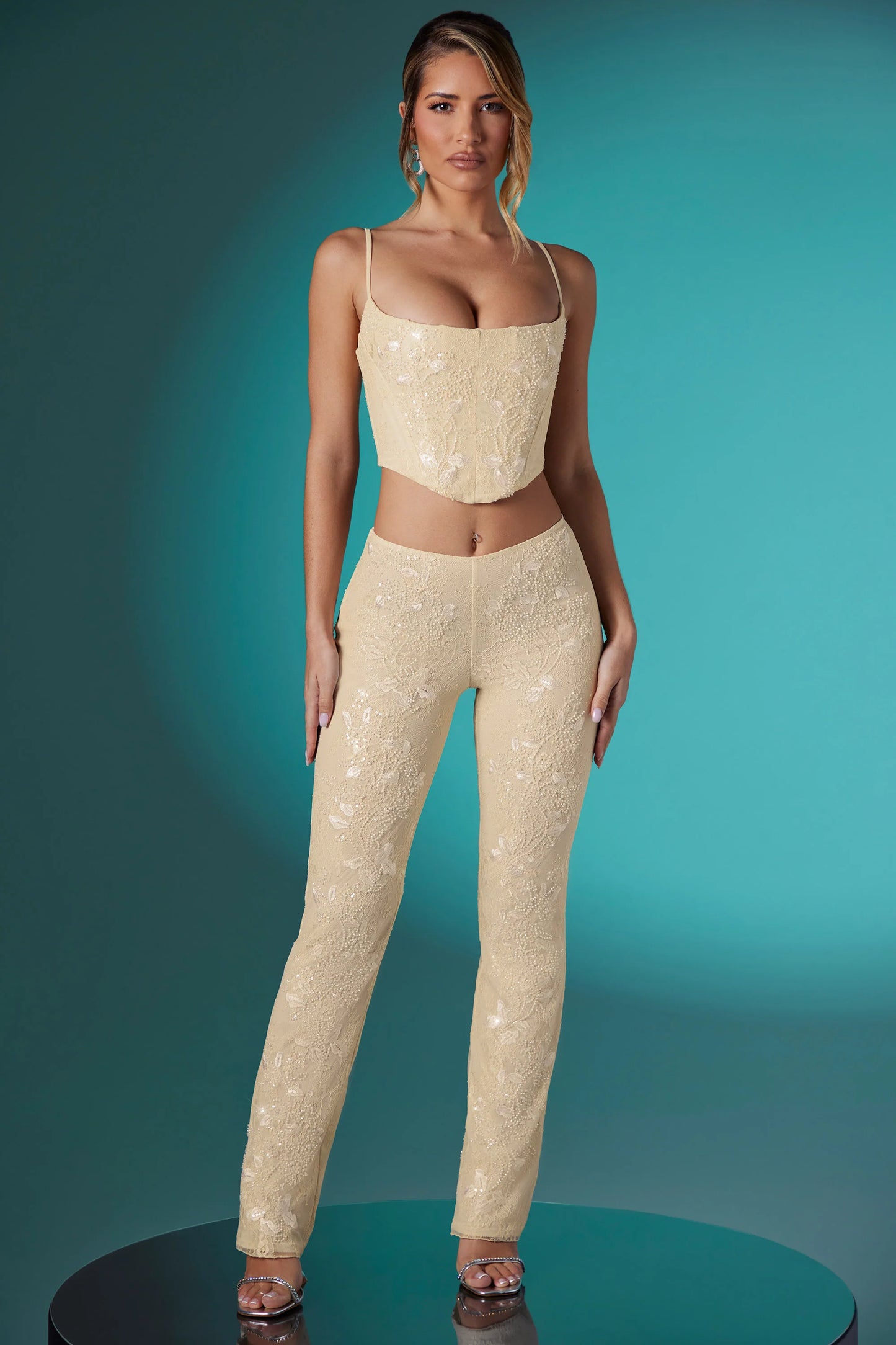 Tall Embellished Lace Low Rise Trousers in Ivory