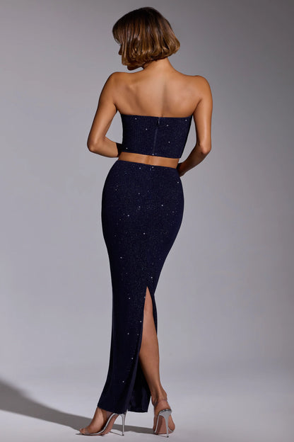 Embellished Mid Rise Gown Skirt in Royal Indigo