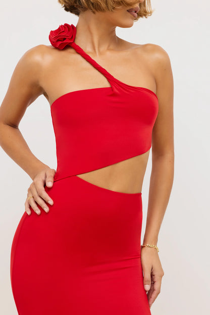 Premium Jersey Asymmetric Cut Out Maxi Dress  in Scarlet Red