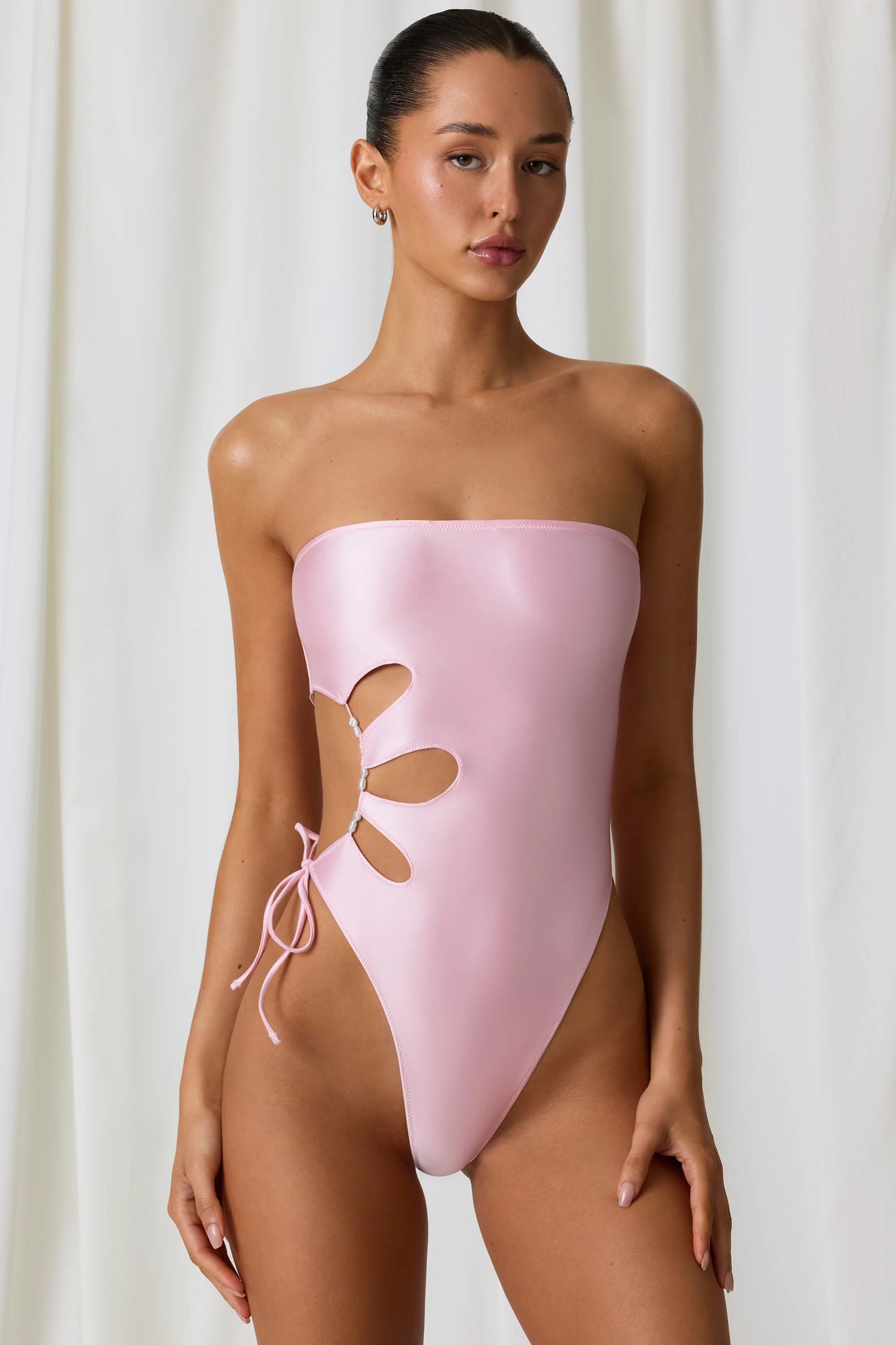 Pearl-Detail Cut-Out Bandeau Swimsuit in Soft Pink