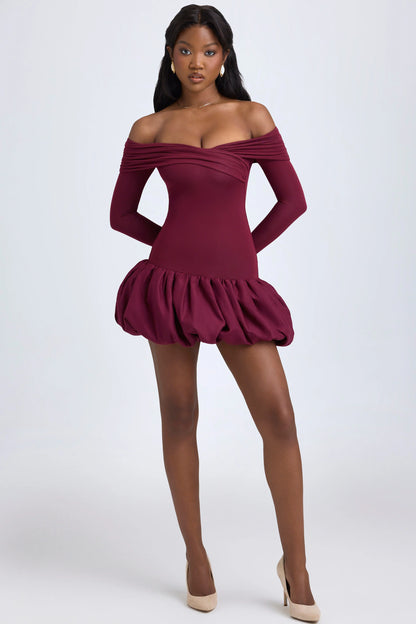 Modal Off-Shoulder Bubble Hem Mini Dress in Wine Red