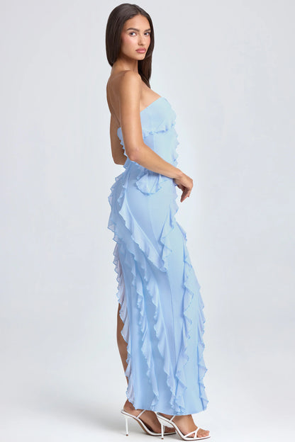 Bandeau Ruffle-Trim Maxi Dress in Powder Blue